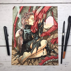 Inktober Witch / "The Witch and the Dragon" / Signed Print Original Watercolor