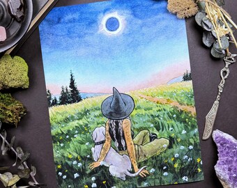 Eclipse Witch / Witchtober Witch / Signed Print Original Watercolor