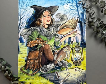 Witchtober Witch / "Grave Witch" / Signed Print Original Watercolor