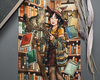 May include: Watercolor illustration of a young person in a witch hat and sweater, holding a wand, with a cat on a ladder in a library. Books are floating around the person. The background is a bookshelf filled with books.