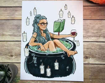 Bath Time / Witch Print / Signed Print Original Watercolor