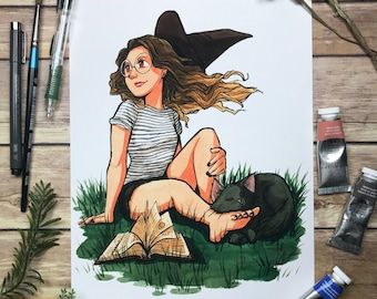 Inktober Witch / &quot;Wicked Tranquility&quot; / Signed Print Original Watercolor