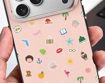 May include: A pink phone case with a pattern of small icons, including a palm tree, a book, a suitcase, and a flamingo. The case has a black border and a camera cutout.