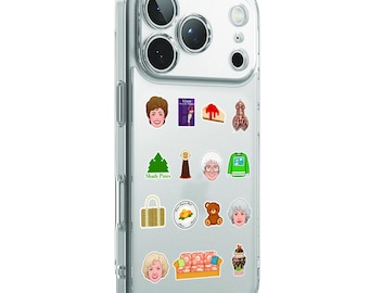 May include: A clear smartphone case featuring various small colorful stickers including portraits, a green tree with the text Shady Pines, a slice of cheesecake, a teddy bear, a floral sofa, and other icons, with the text STAY GOLDEN at the bottom.