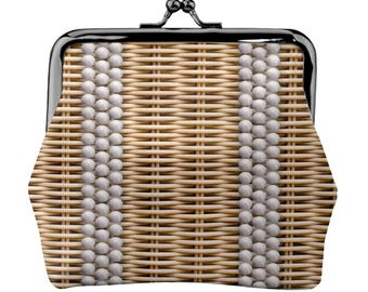 May include: A woven clutch with a black frame and clasp. The clutch features a light brown woven pattern with vertical rows of small, round, gray beads. The clasp is a decorative, rounded design.