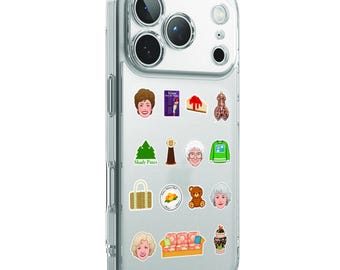 May include: A clear smartphone case featuring various small colorful stickers including portraits, a green tree with the text Shady Pines, a slice of cheesecake, a teddy bear, a floral sofa, and other icons, with the text STAY GOLDEN at the bottom.