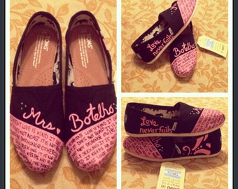 love is patient love is kind JUST MARRIED Custom WEDDING Shoes - Toms Love Bride Groom Toms