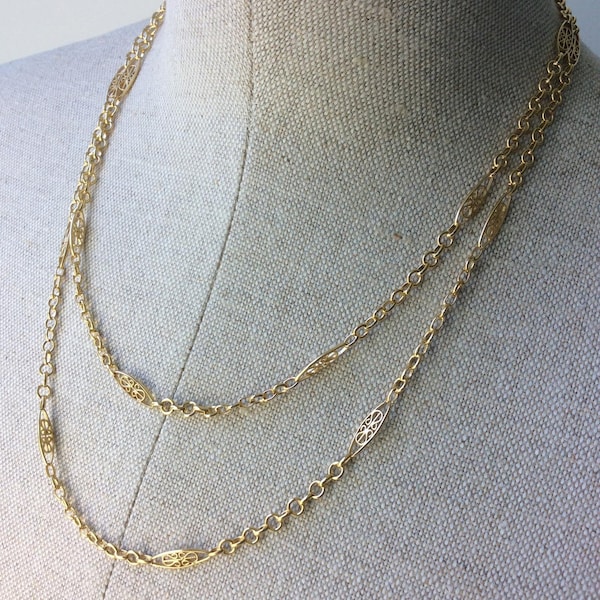 Antique French Gold Decorative Chain ~ Layering Watch Chain Necklace ~ Handmade Gilded Silver Links with Scrolled Filigree