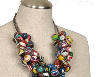 Contemporary Recycled Jewelry - Upcycled Plastic Necklace - Unique Handcrafted Plastic Accessory - Black, Red, Blue