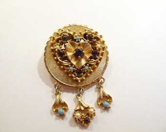 Beautiful Vintage Amethyst Purple Rhinestone & Faux Pearl Dangle Brooch / Pin