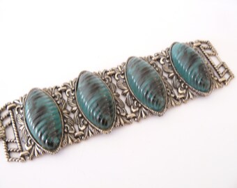 Huge Vintage Chunky Green Faux Malachite Bracelet