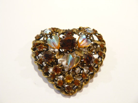 Gorgeous Vintage Dark Topaz & AB Rhinestone Heart… - image 1