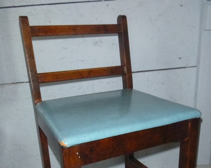 Wood Vanity Chair With Blue Seat Etsy