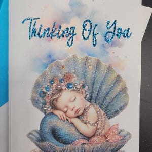 Thinking of You Enchanted Mermaid  Glittered Greeting Card