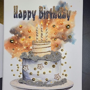 Birthday Card Gold and Black Masculine cake Glittered Greeting Card