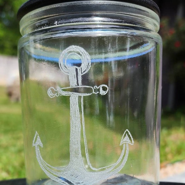 Etched Anchor glass storage container jar with lid