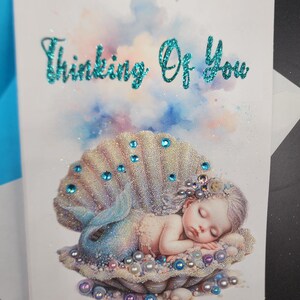 Thinking of You Enchanted Mermaid  Glittered Greeting Card