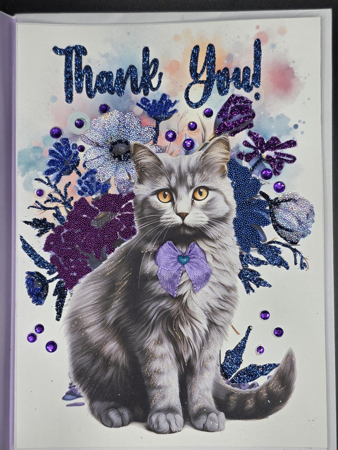 Thank You Card Cat Floral Glittered Greeting Card - Etsy