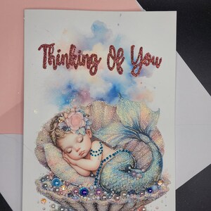 Thinking of You Enchanted Mermaid  Glittered Greeting Card