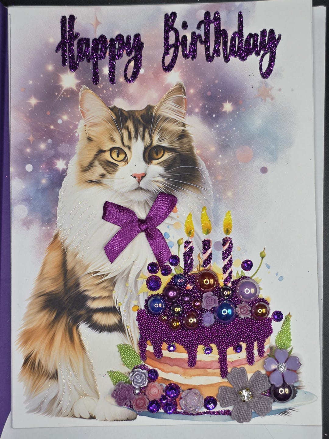Birthday Card Birthday Cat Glittered Greeting Card - Etsy