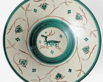 Bo Fajans Gefle Eva Jancke-Björk ciotola in ceramica decoro verde con cervo Svezia anni '30