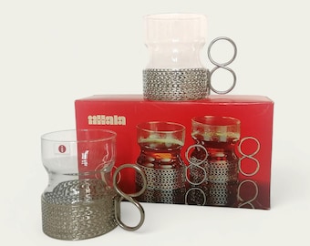 Iittala Finland Tsaikka Tea Glasses, Silver Metal Holders
