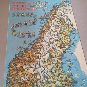 Vintage Poster Reise-Karte Schweden, Dänemark & Norwegen Skandinavien 50'er Jahre