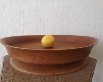 Large & rare hand turned teak tray bowl on foot Sweden 60's