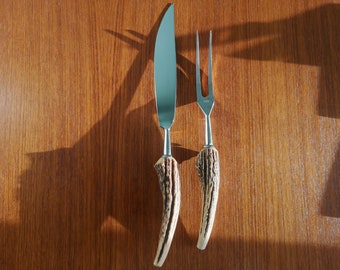 Anton Wingen Jr Solingen Othello Carving Set Fork and knife Stag Horn Germany 1950s