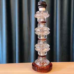 Orrefors Sweden orange & clear textured glass table lamp wood details 60’s