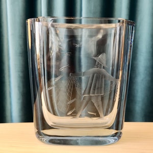 Massive Strömberg Strömbergshyttan Sweden etched glass vase 50’s fisherman fish design