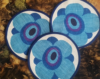 3 small placemats coasters burlap blue flower Sweden 60&#39;s
