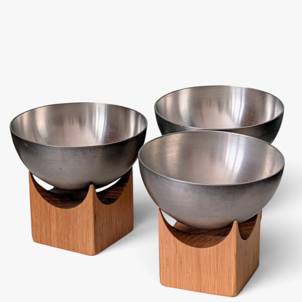 Set of 3 Söwe Konst small metal bowls cups on wooden base Sweden 60s
