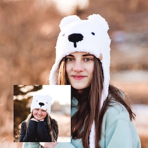 Padrão de crochê para gorro e chapéu de urso polar | Padrão de chapéu de crochê de animal | 8 tamanhos | Opções de gorro ou chapéu | Padrão de crochê felpudo em PDF