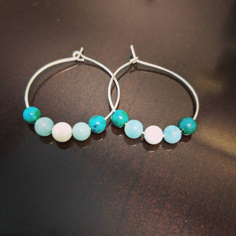Chrysocolla White Turquoise and Amazonite Beads on Thin Nickel Free Silver Metal Hoop