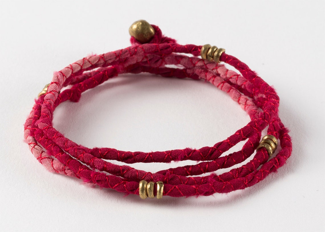 Red Wrap Bracelet With Brass Beads. Silk Jewelry. Handdyed. Etsy
