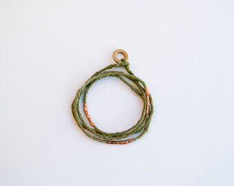 Olive Green Wrap Bracelet with Copper Beads. Silk Jewelry. Hand-dyed. Silk Bracelet. Friendship Bracelet. Copper. Natural Dye. Fiber Jewelry