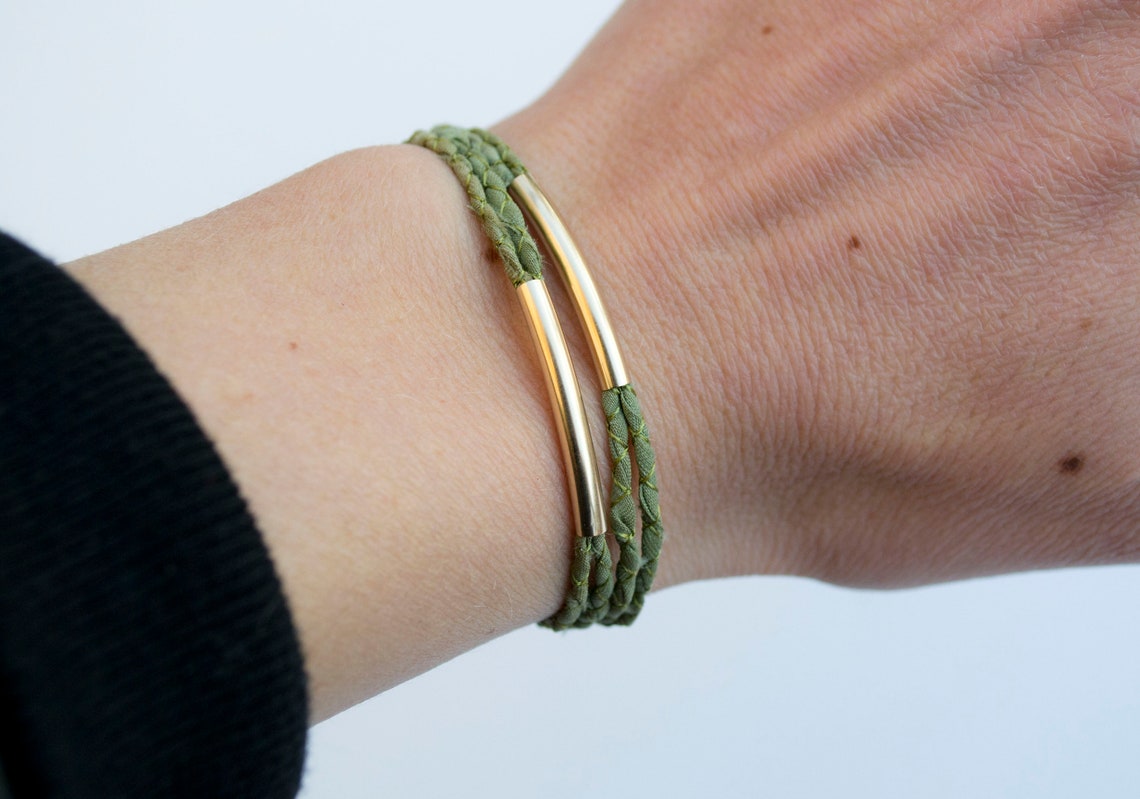 Olive Green Wrap Bracelet With Gold Fill Tube Beads. Silk Jewelry. Hand ...