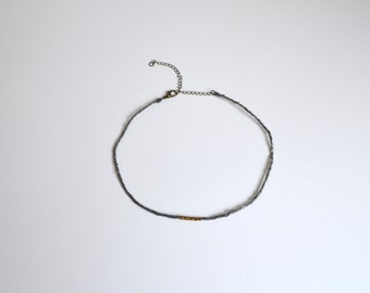 Gray Choker with Small Brass Beads. Fabric Jewelry. Fiber Jewelry. Fabric Choker. Hand-Dyed. Silk Necklace. Gold Choker. Brass. Delicate