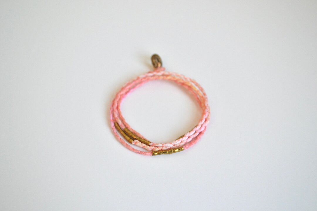 Peach Wrap Bracelet with Brass Beads. Silk Jewelry. Hand-dyed. Silk. Friendship Bracelet. Brass Beads. Pink. Gold. Fiber Jewelry.