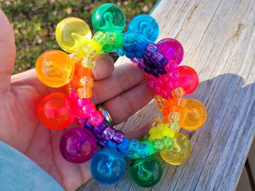 Rainbow Ball Kandi Cuff: Neon Rave Bracelet, EDM Festival Jewelry