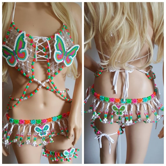 Made to Order Deluxe Butterfly Goddess Kandi Outfit,kandi Bra,kandi  Skirt,kandi Garter,rave Outfit,rave Clothing,beaded Outfit,festival Set -   Canada