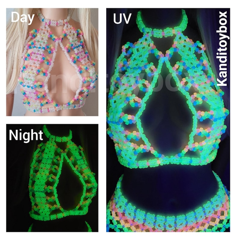 May include: A halter-style top constructed from multi-colored plastic beads in a lattice pattern. The top features a high neck and a central cutout. It is shown in three states: daylight, glowing under UV light, and glowing in the dark, labeled Kanditoybox.