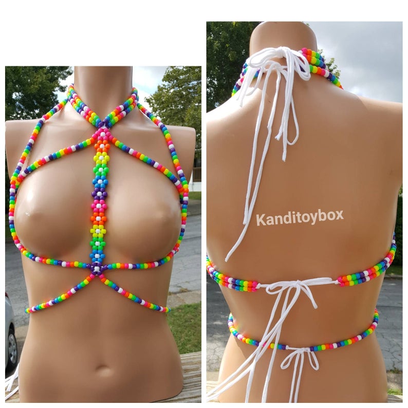 Universal rainbow kandi harness, rave outfit, edc outfit, kandi bra, kandi outfit, pride outfit,rave harness,rave top,rainbow harness,edc image 9