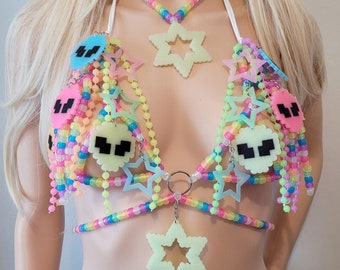 Glow in the dark alien kandi charm bra,festival outfit,rave outfit,charm bra,rave clothing,rave clothes,gogo outfit,festival top,harness