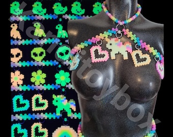 Glow kandi harness,rainbow belt,beaded belt,rave belt,rave accessories,edc kandi,flower kandi,festival harness,festival top