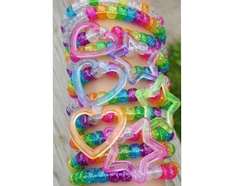 UV Reactive Kandi Bracelet: Rainbow Glitter Hearts & Stars