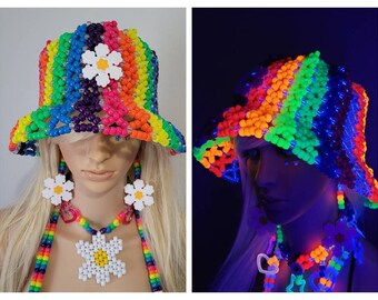 Daisy kandi bucket hat,rave hat,rave bucket hat,festival bucket hat,90s bucket hat,hippie bucket hat,raver hat,beaded hat,kandi hat,edc