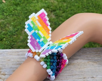 Glitter Rainbow Wings Kandi Cuff: Rave Festival Bracelet