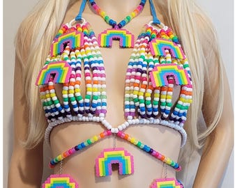 OOAK Kandi Rainbow Beaded Top: Rave Festival Bra with Necklace